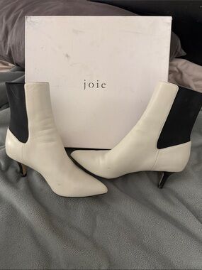 Joie Cream and Black Leather Pointed-Toe Ankle Boots